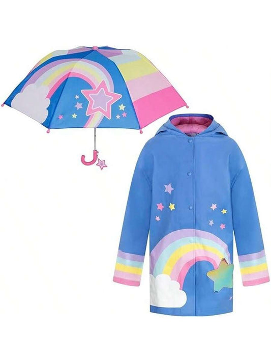 Girls Rain Coats And Umbrella Set, Kids Rain Jacket Ages 3-9 Years