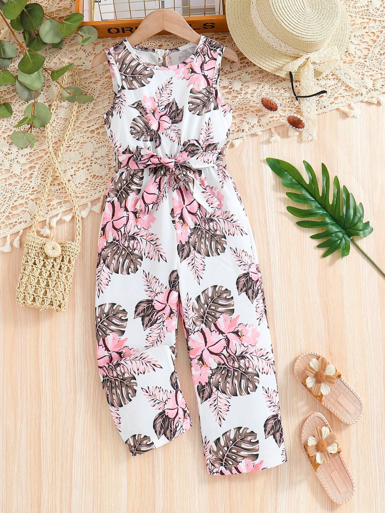 Young Girl Tropical Print Belted Tank Jumpsuit