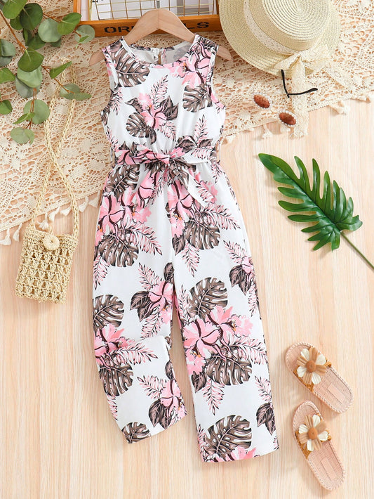 Young Girl Tropical Printed Waist-Tied Jumpsuit With Vest Top