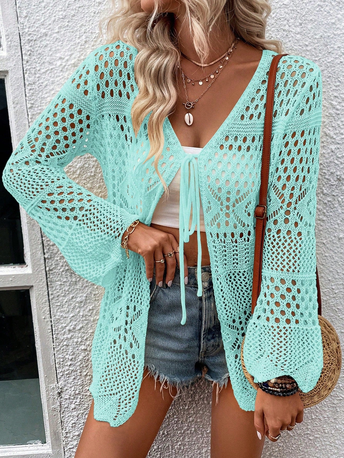 Swim Hollow Out Tie Front Kimono,Summer Beach