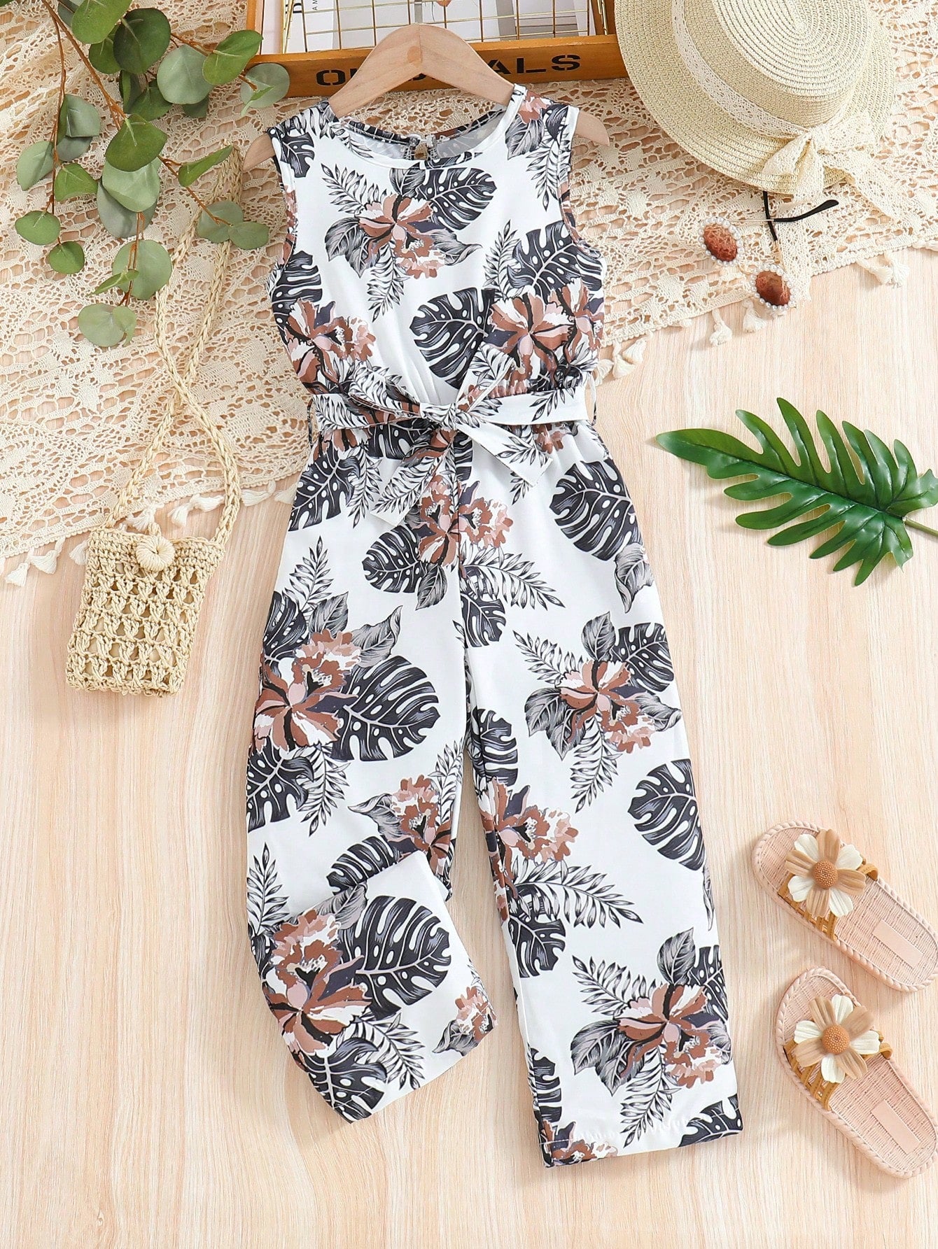 Young Girl Tropical Print Belted Tank Jumpsuit