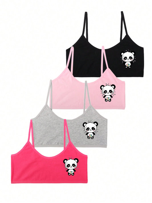 4pcs Net Colored Comfortable Panda Cartoon Printed Vest For Tween Girls Underwear