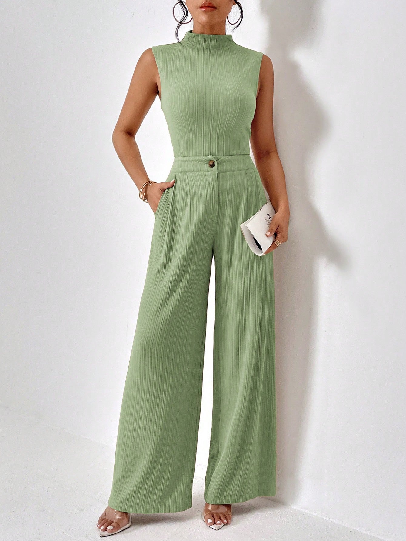 Women's Stand Collar Vest And Wide Leg Pants Set