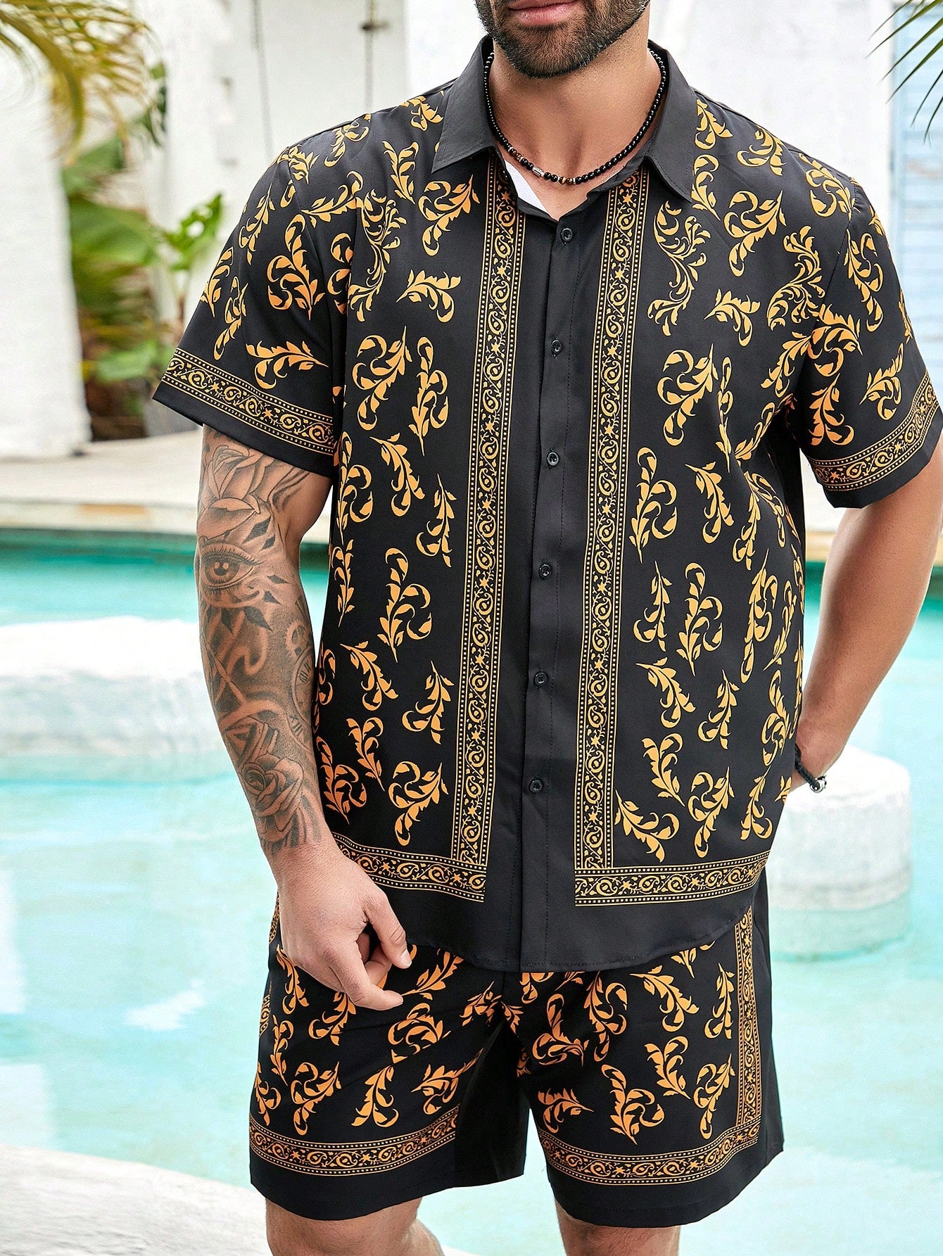 Men's Plus Size Plant Print Short Sleeve Shirt And Shorts Vacation Style Outfit