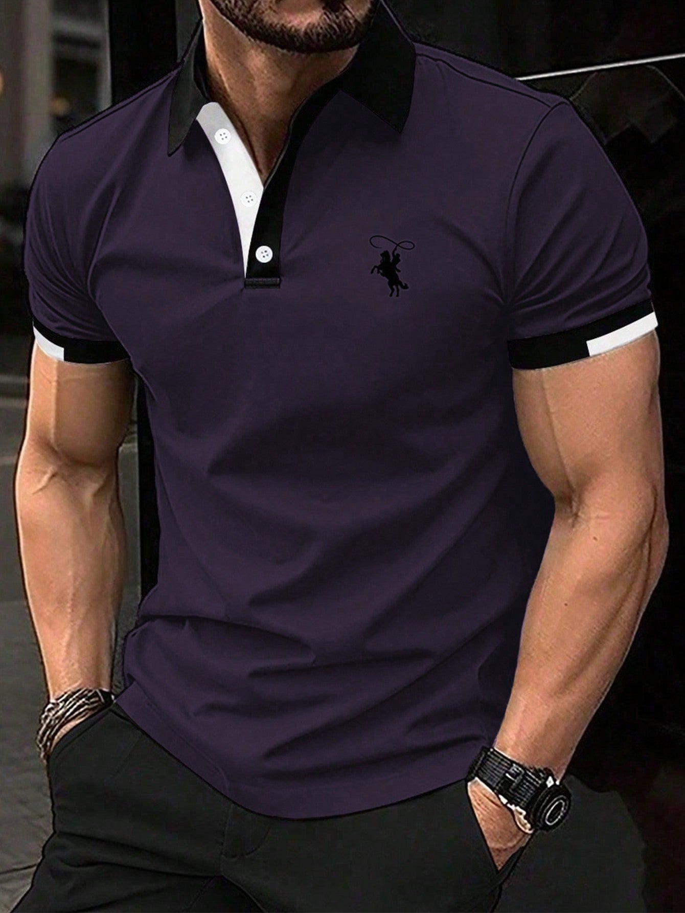 Men Horse Graphic Contrast Trim Polo Shirt