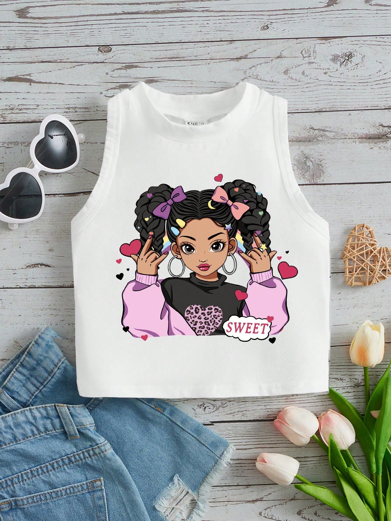 Young Girl's Casual Cartoon Printed Stand Collar Tank Top For Summer Suitable For Summer