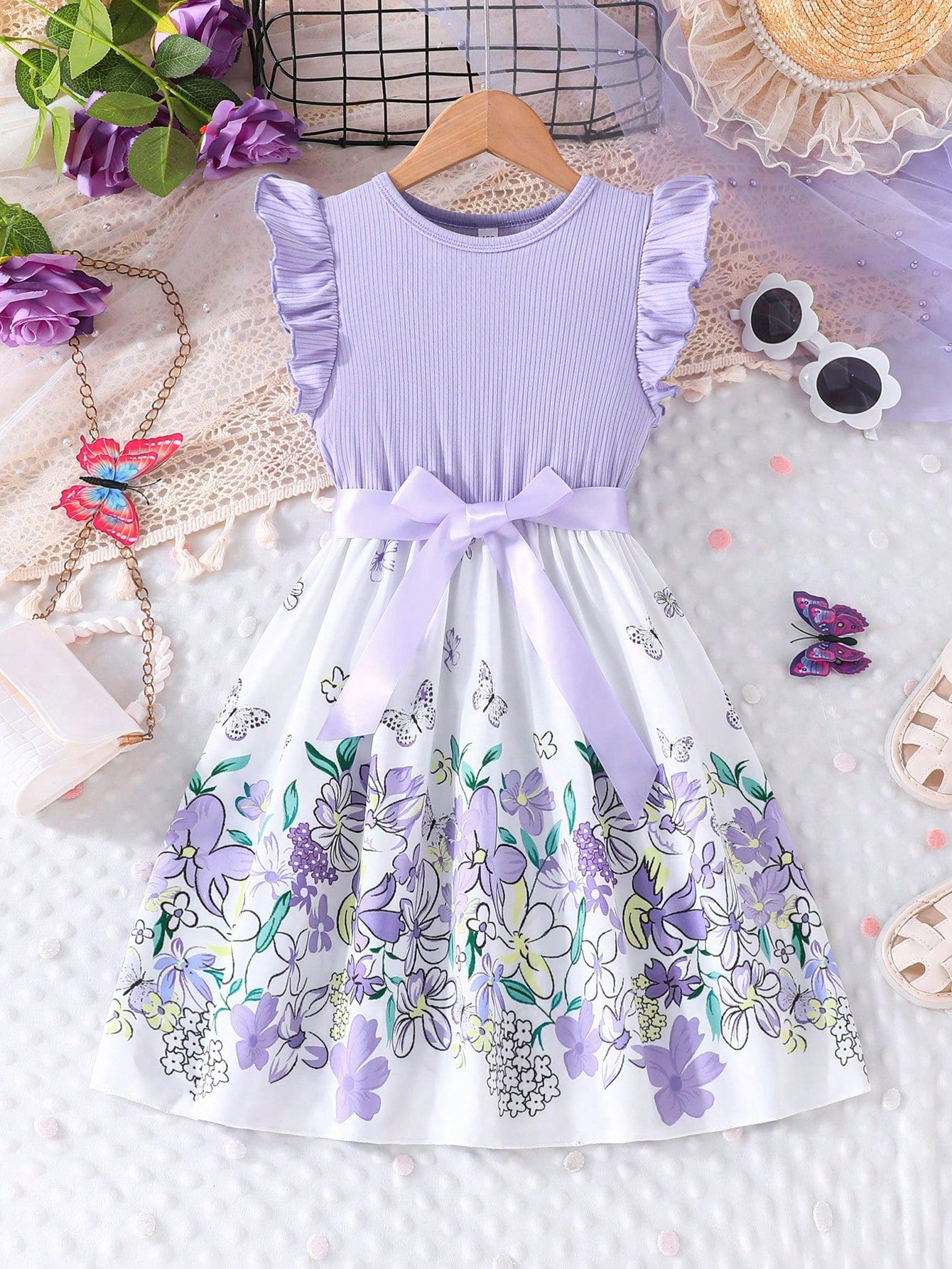 Young Girl Elegant Summer New Arrival Butterfly & Floral Pattern Printed Short Sleeve Round Neck Dress