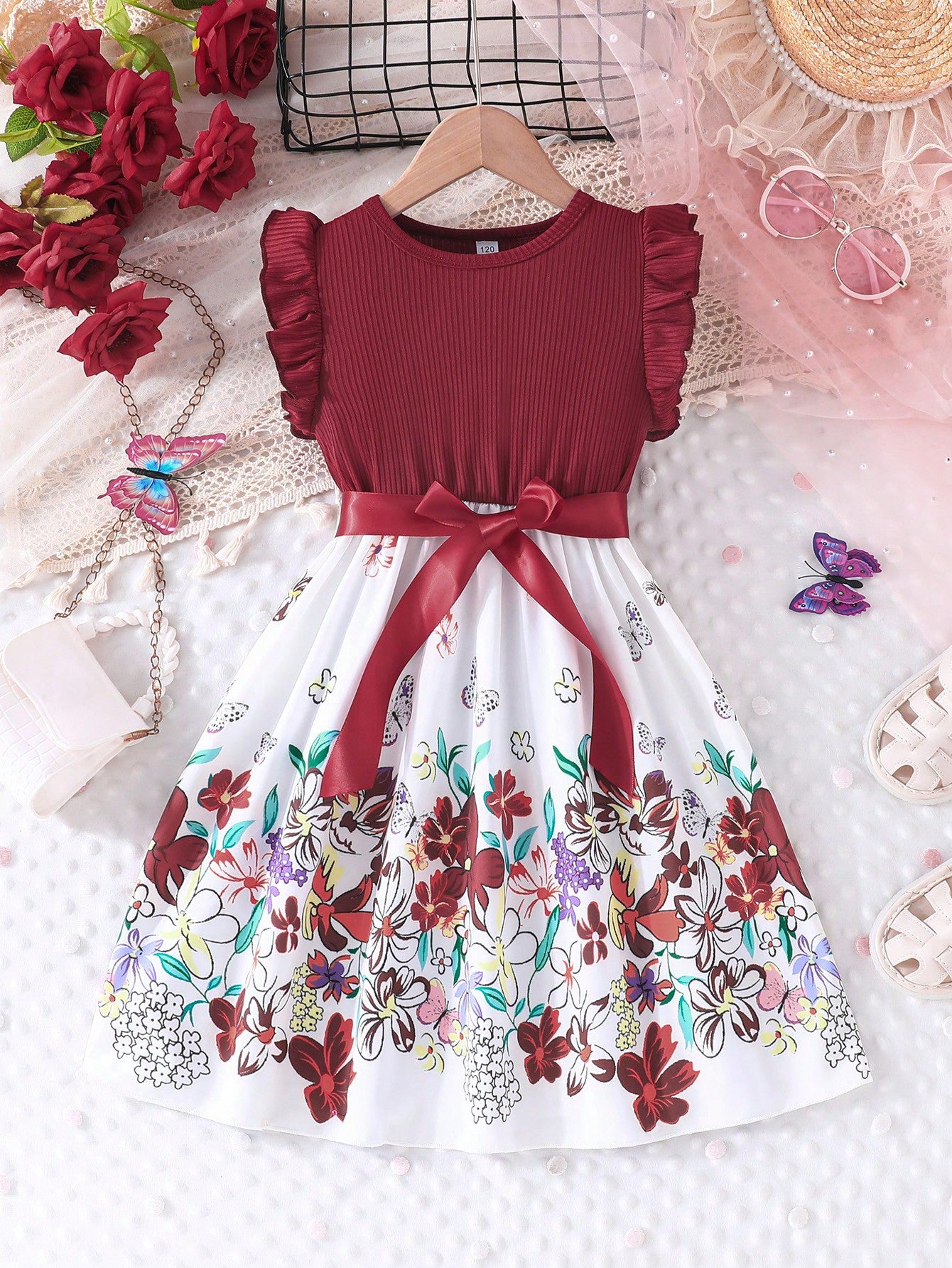 Young Girl Elegant Summer New Arrival Butterfly & Floral Pattern Printed Short Sleeve Round Neck Dress