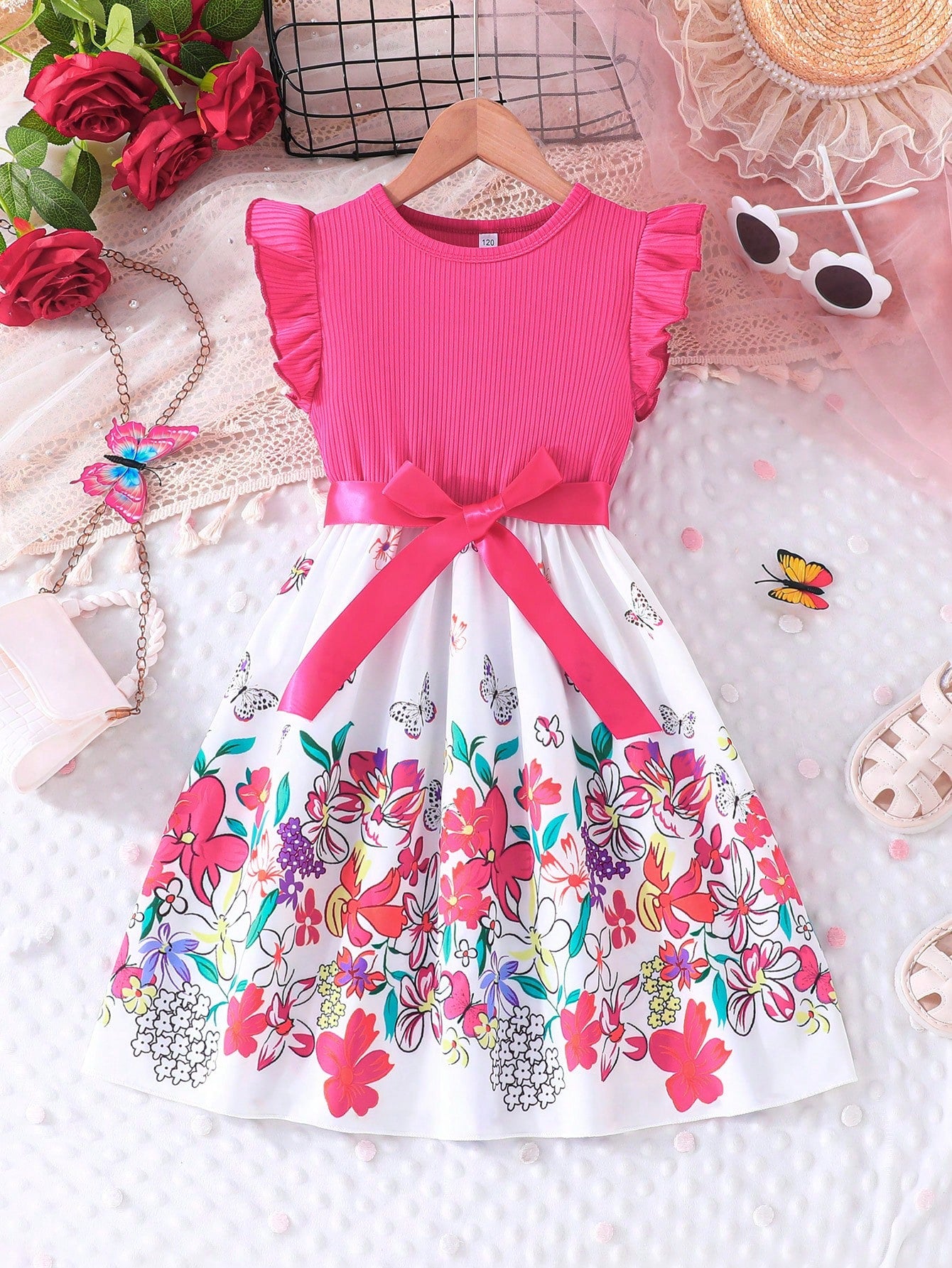 Young Girl Elegant Summer New Arrival Butterfly & Floral Pattern Printed Short Sleeve Round Neck Dress