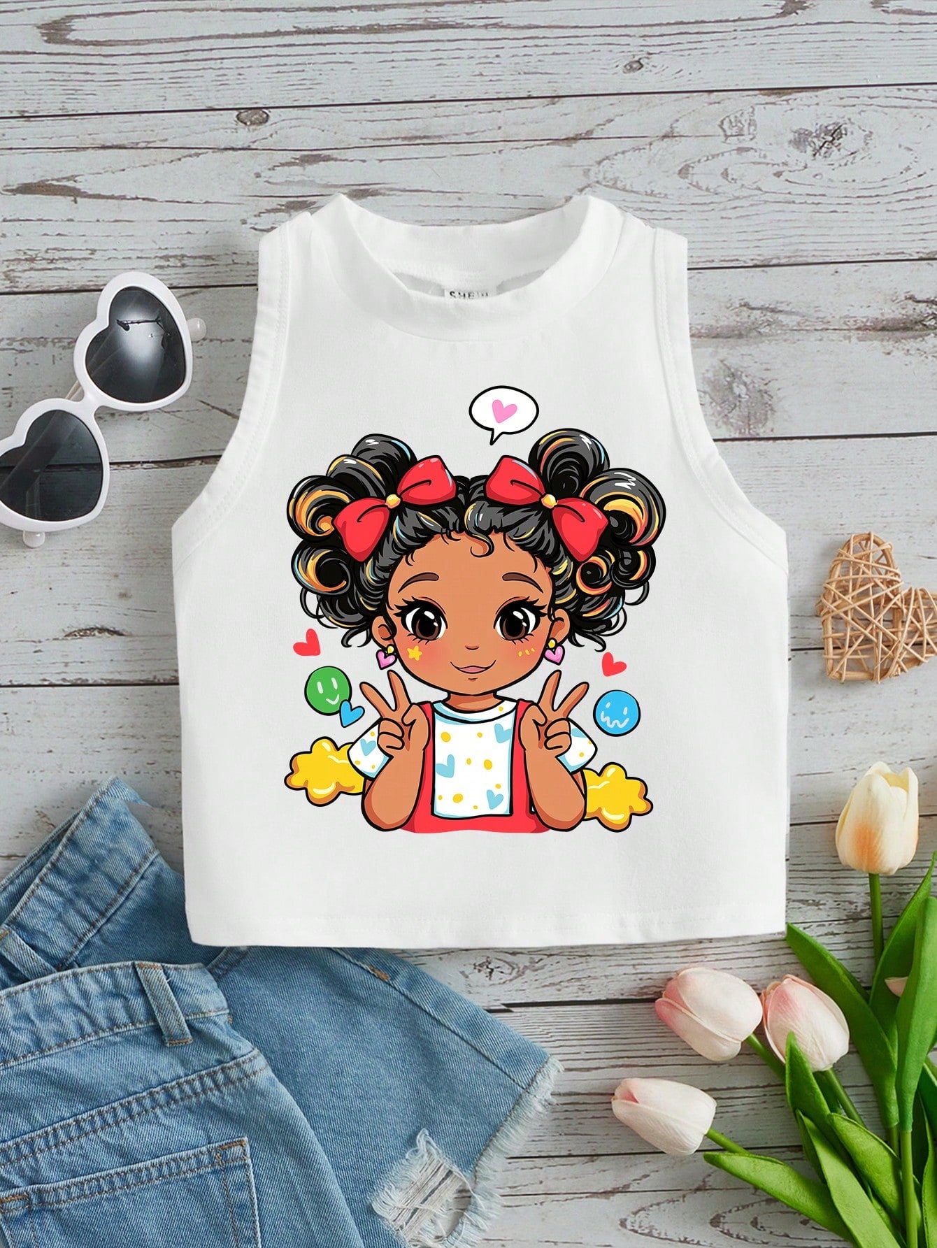 Young Girl's Casual Cartoon Printed Stand Collar Tank Top For Summer Suitable For Summer