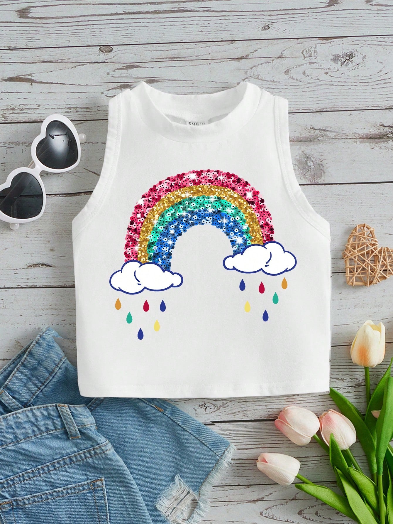 Young Girl's Casual Cartoon Printed Stand Collar Tank Top For Summer Suitable For Summer