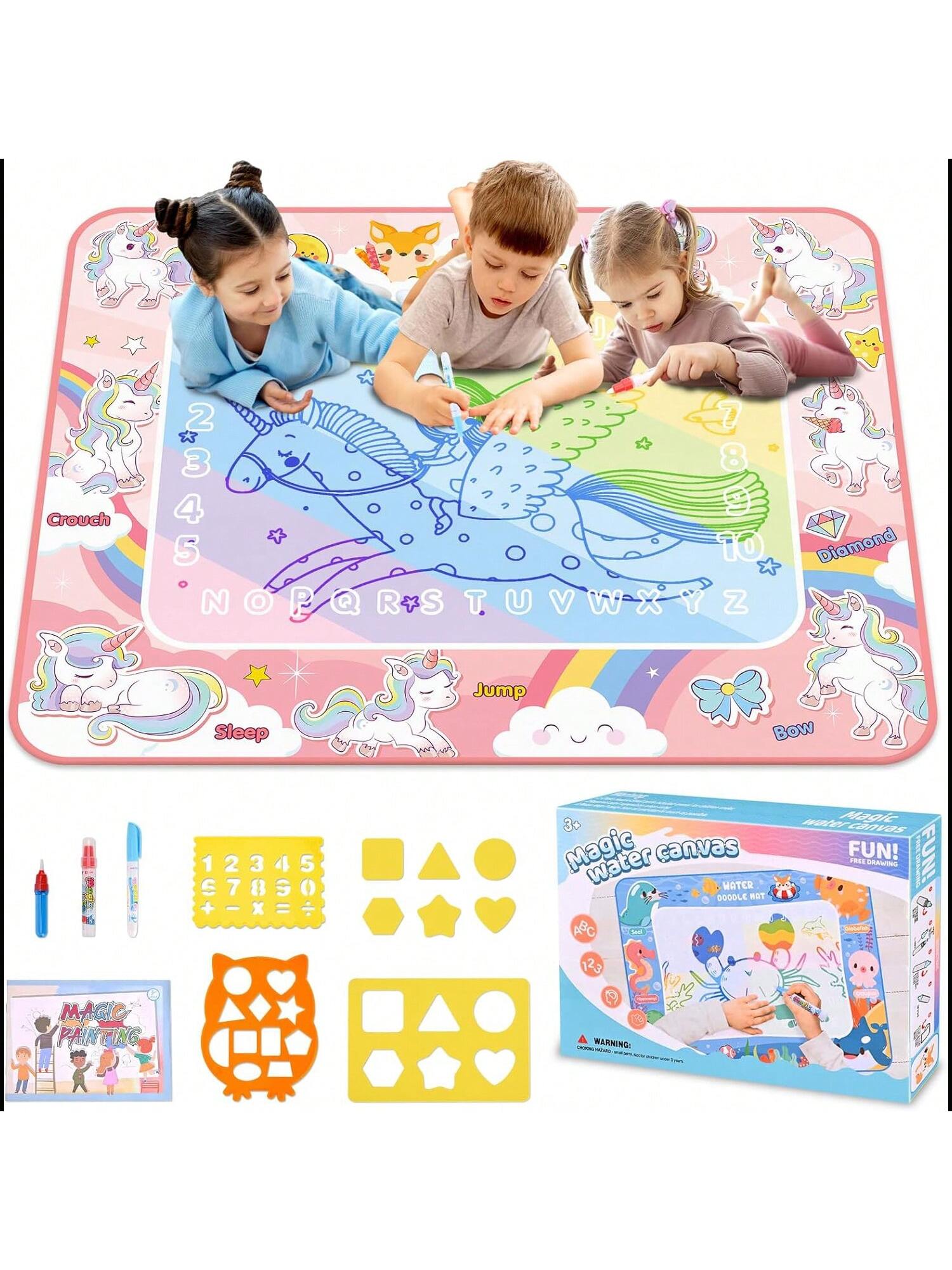 Water Doodle Mat Kids Toys 98*78cm, Large Aqua Magic Doodle Water Mat With 3 Doodle Pens And 3 Drawing Templates, Reusable Water Drawing Mat For 3-6 Years Old Boys&Girls