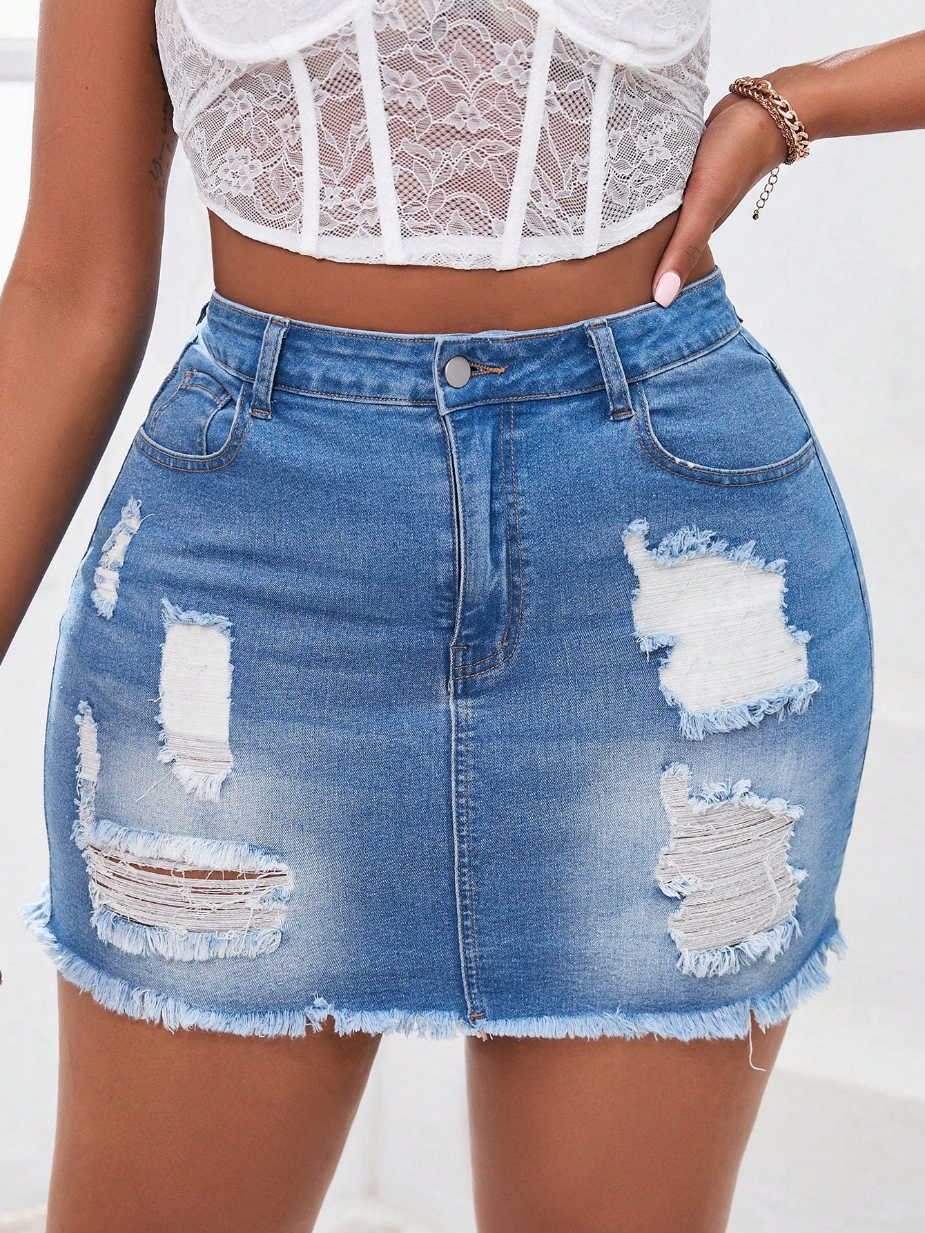 Plus Size Summer Outing Distressed & Sexy Denim Stretchy Skirt