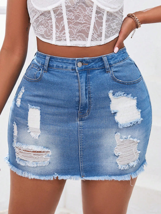 Plus Size Summer Outing Distressed & Sexy Denim Stretchy Skirt