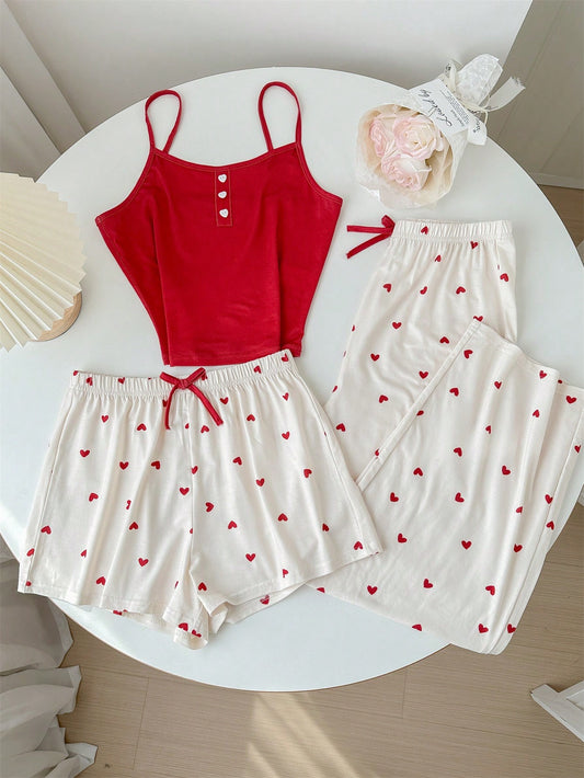 Teen Girl 3pcs/Set Heart Shaped Pattern Knitted Tank Top + Pants + Shorts Homewear For Summer