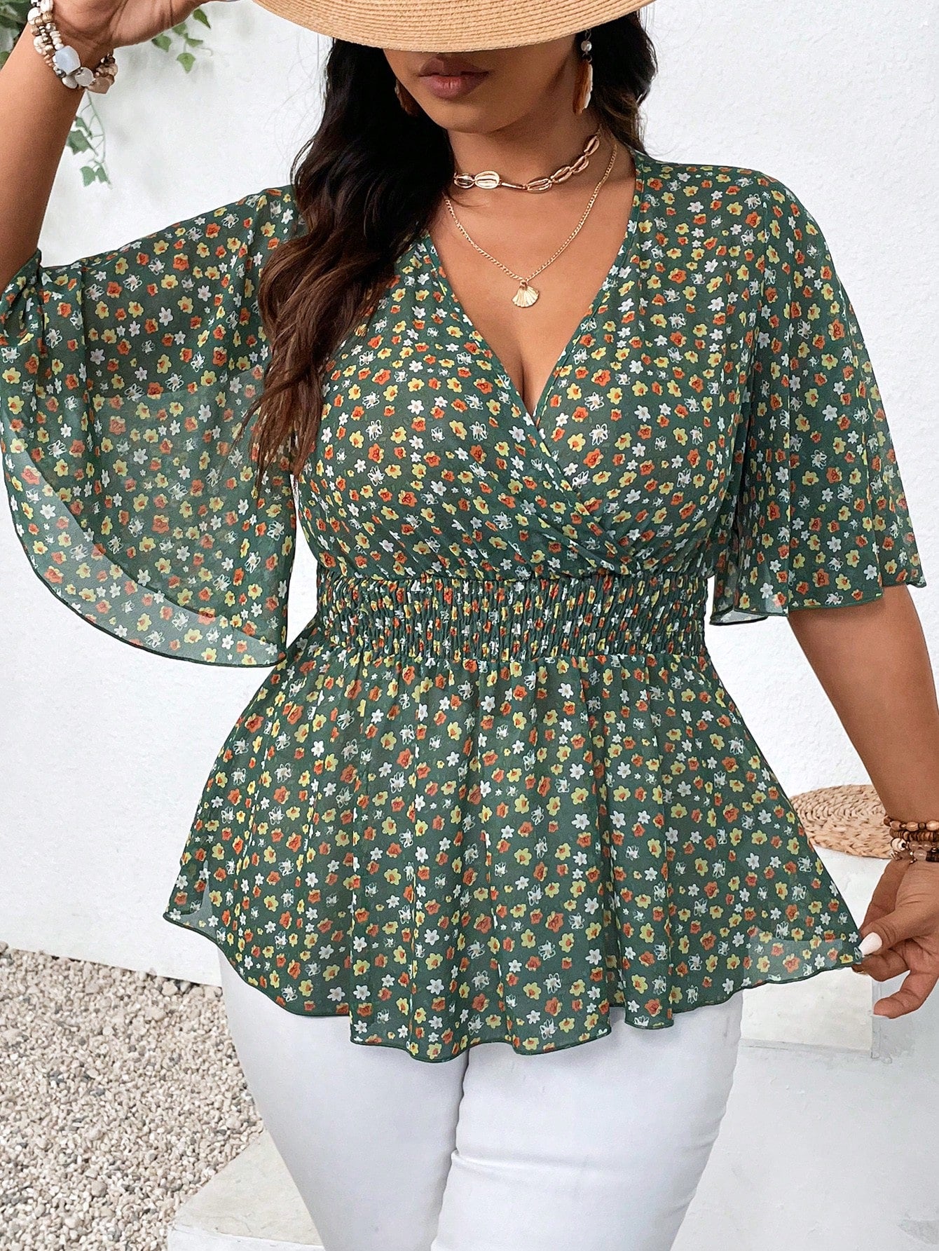 Plus Size Floral Print Ruffle Sleeve Vacation Style Spring/Summer Shirt With V Neckline