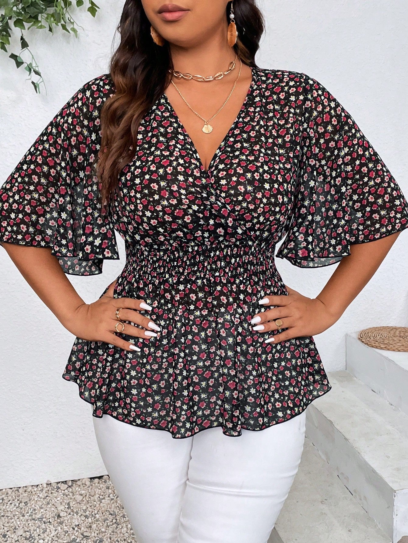 Plus Size Floral Print Ruffle Sleeve Vacation Style Spring/Summer Shirt With V Neckline