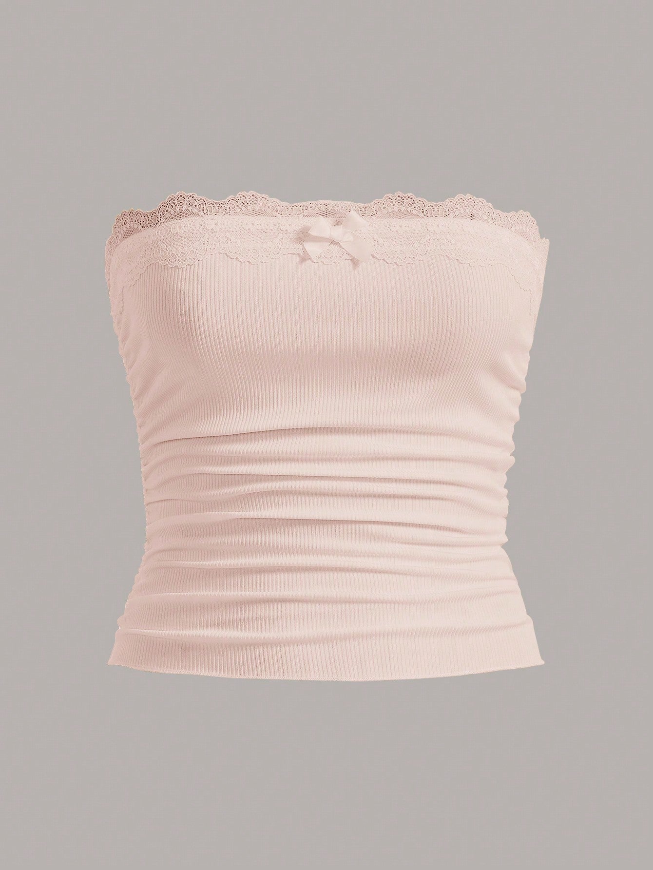 Contrast Lace Trim Ruched Side Bow Front Tube Top