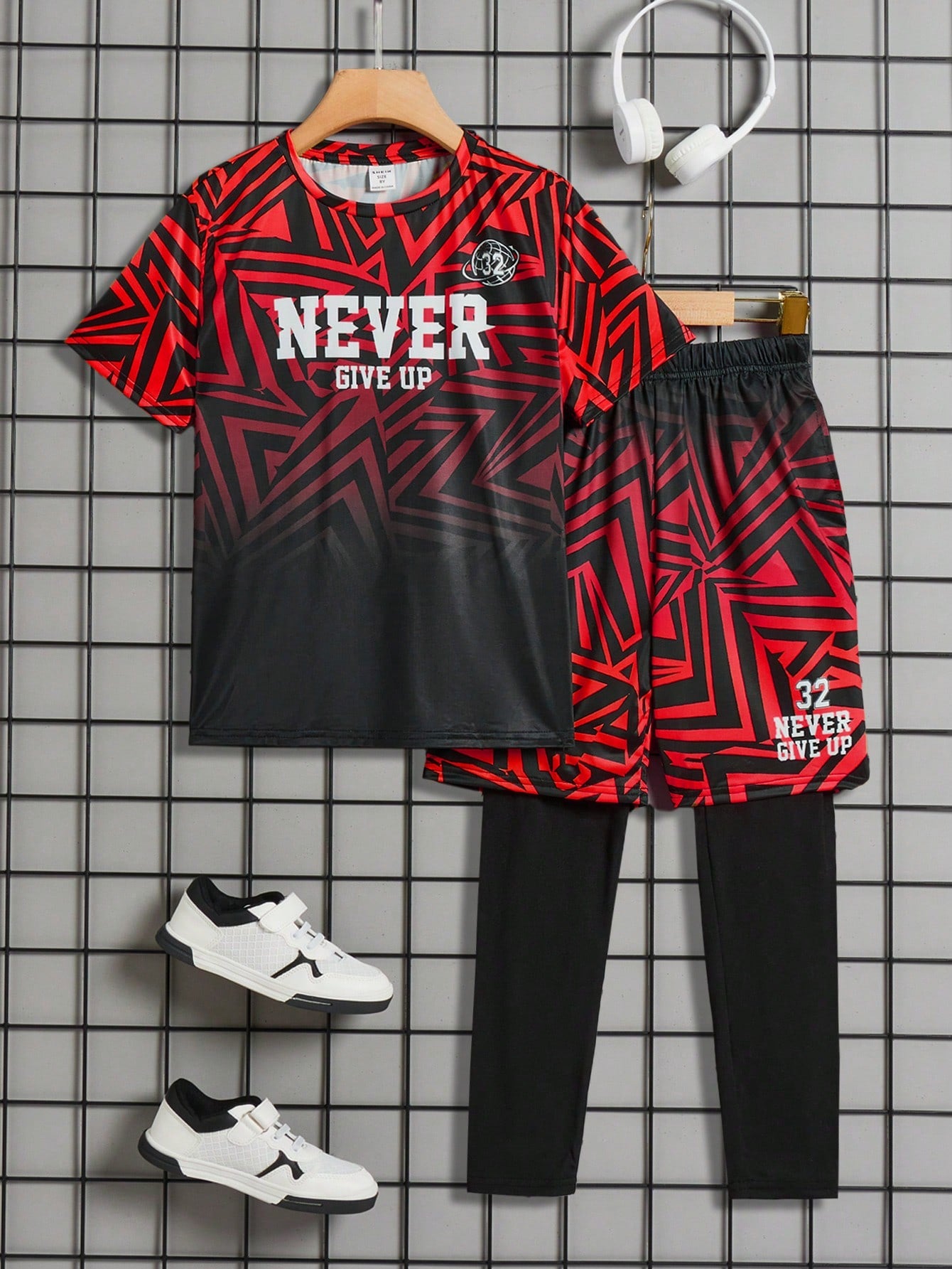 Tween Boy Sporty Gradient Geometric & Letter Print Short Sleeve T-Shirt And Shorts With Base Layer Pants 2 In 1 Outfit