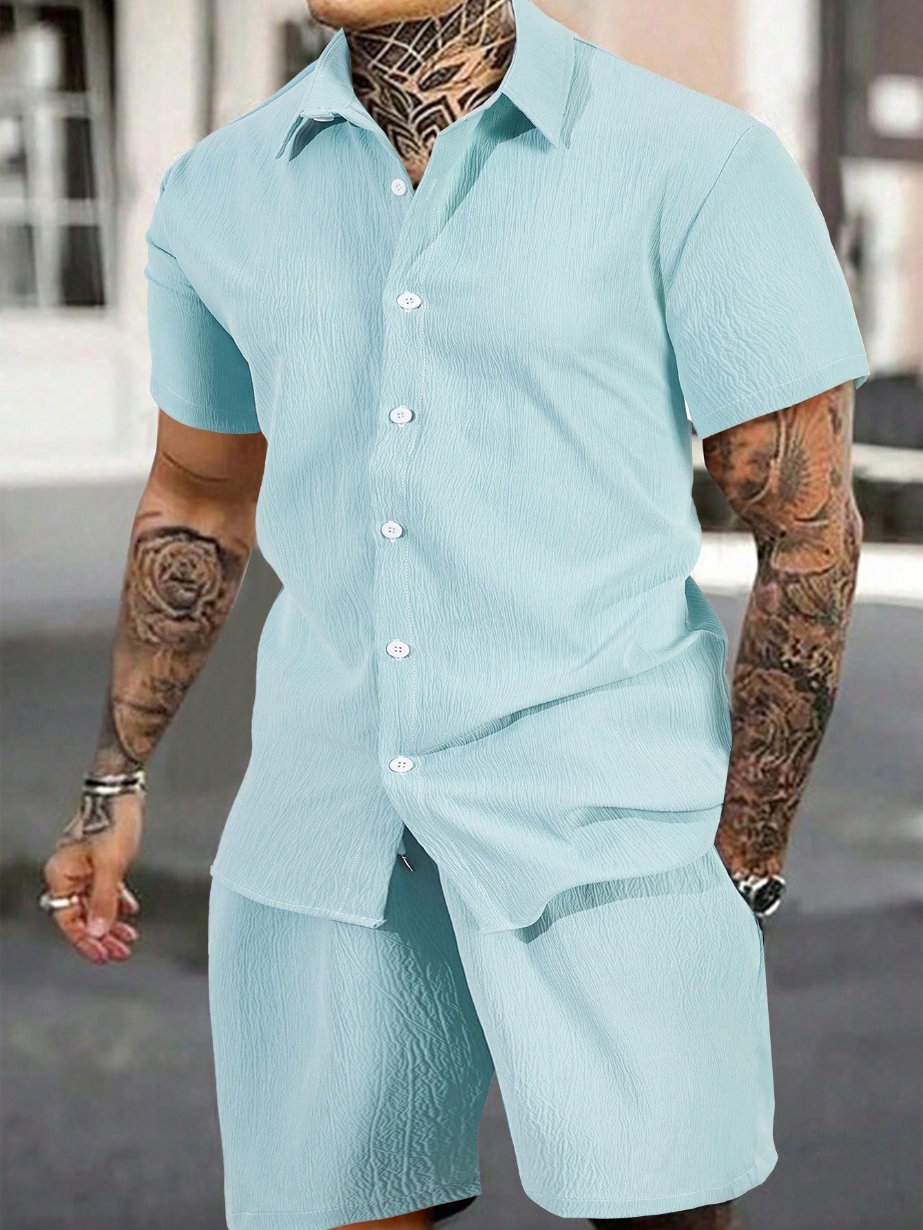 Men's Casual Texture Button Front Short Sleeve Shirt And Shorts