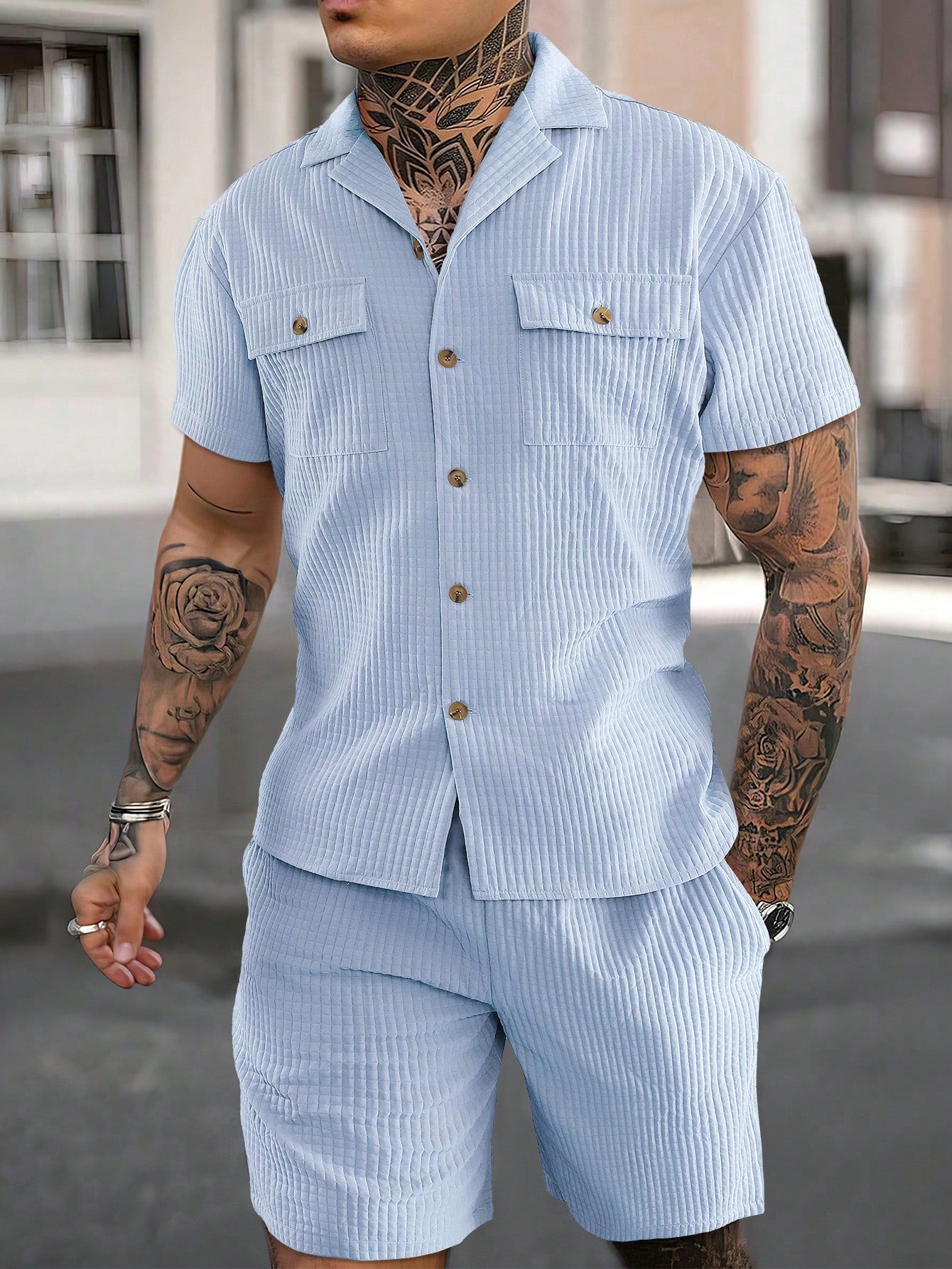 Men's Solid Color Short Sleeve Shirt And Shorts Set, Spring/Summer