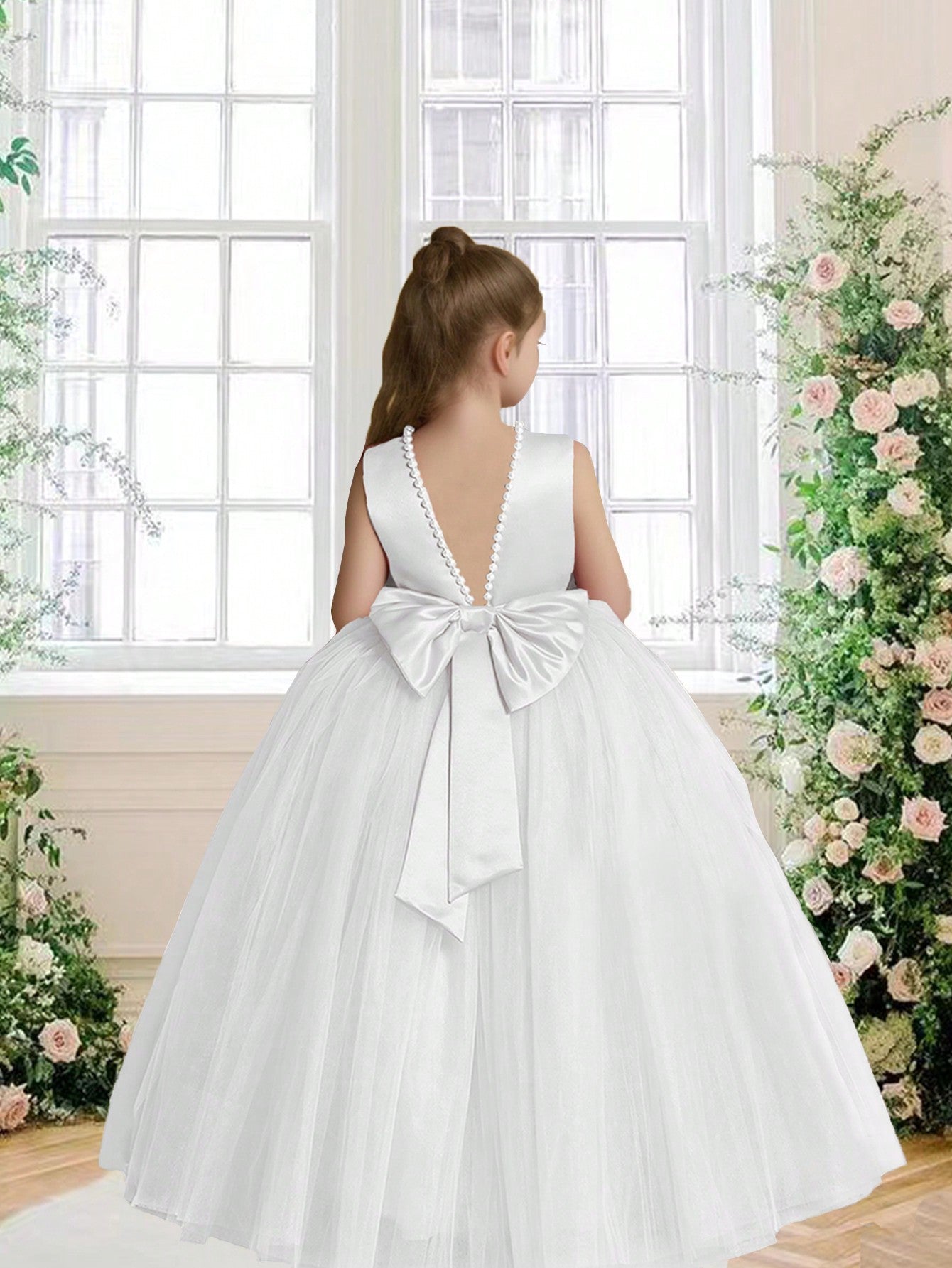 Tween Girl Elegant Pearl-Like Net And Bowknot Splicing Backless Princess Dress, Ideal For Parties, Weddings And Birthdays