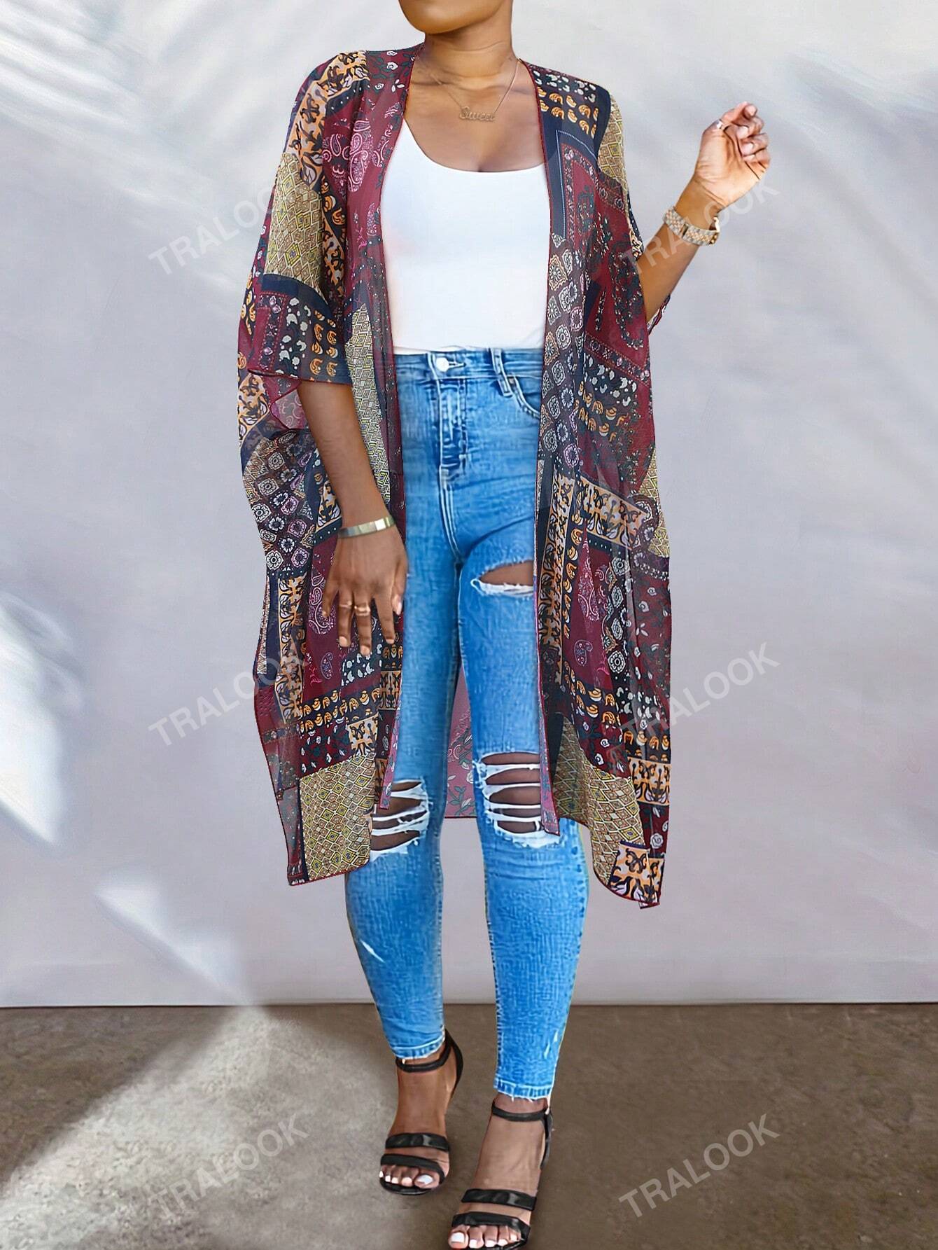 Plus Size Summer Casual Digital Print Chiffon Long Kimono Cardigan