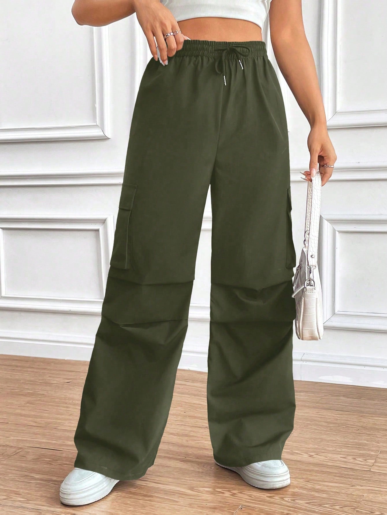 Women'S Drawstring Wrinkle Design Cargo Pants