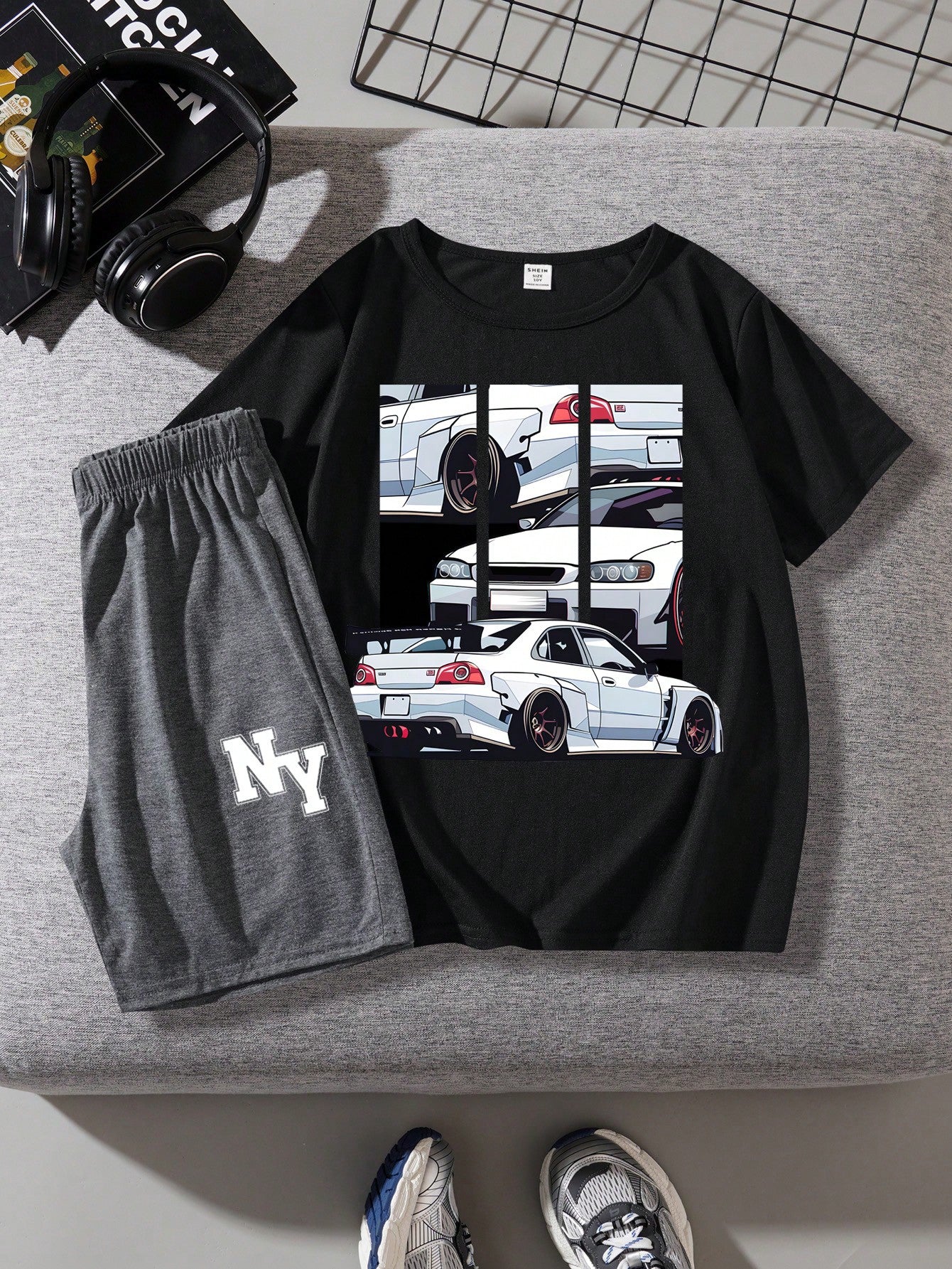 Tween Boy Casual Simple Car Pattern Round Neck Short Sleeve T-Shirt And Letter Print Shorts Suit For Summer