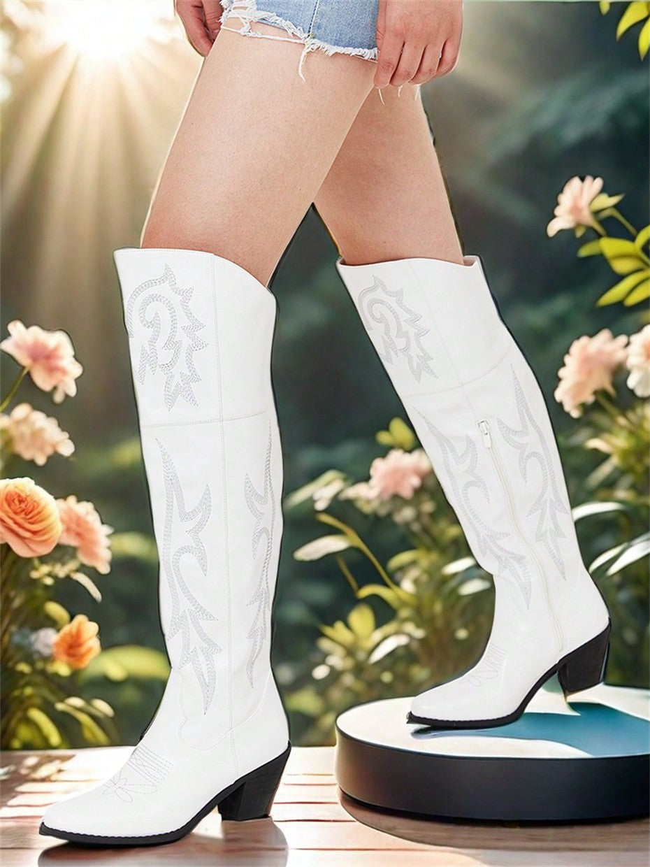 Knee High Cowboy Boots Pointed Toe Embroidered Cork Heels Western Cowgirl Knee High Boots With Side Zipper Bridal Wedding Woman Shoes