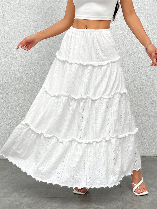 Women's High-Waisted White A-Line Skirt With Perforated Embroidery And Ruffled Hem