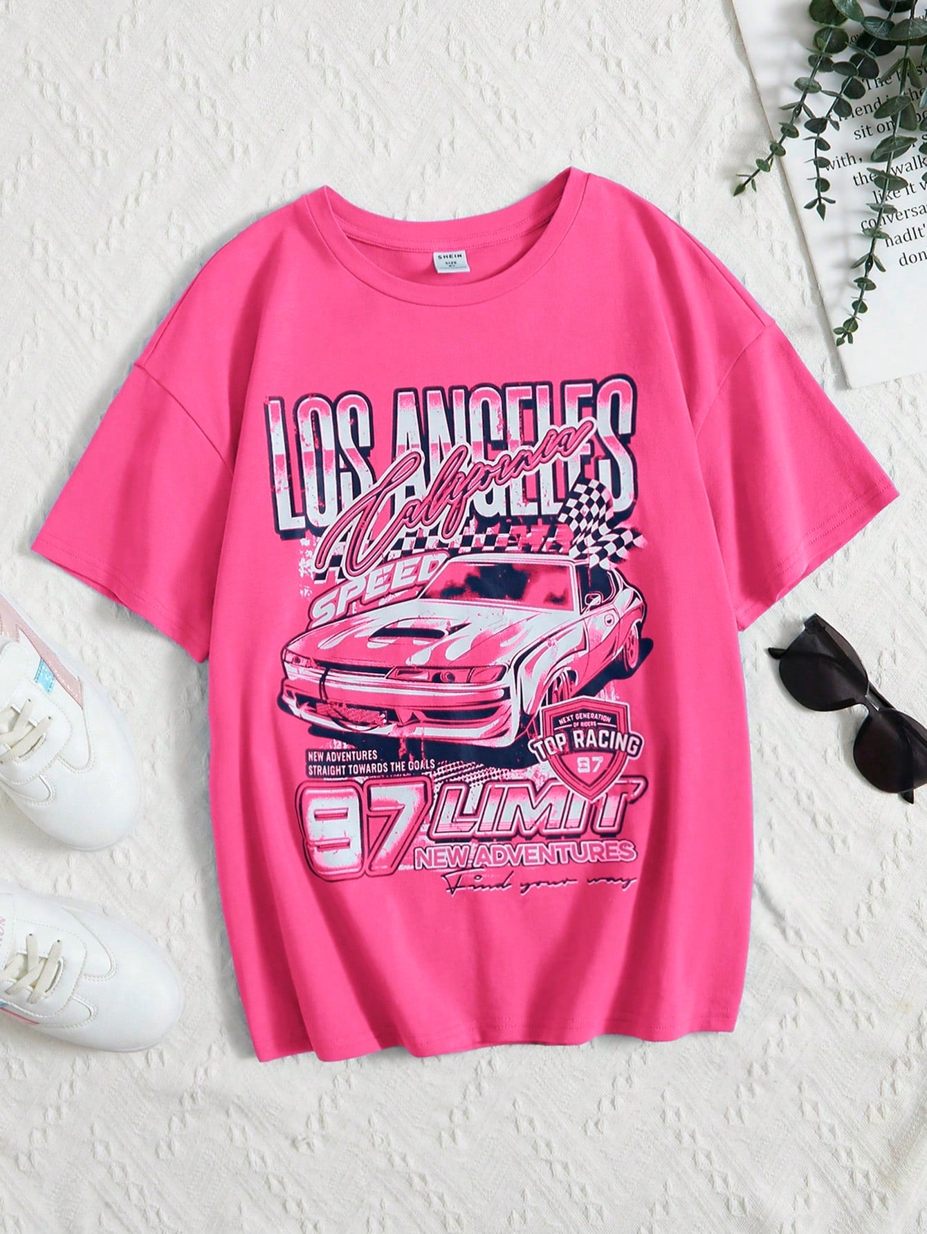 Tween Girl Loose Short Sleeve Car & Letter Print Drop Shoulder T-Shirt