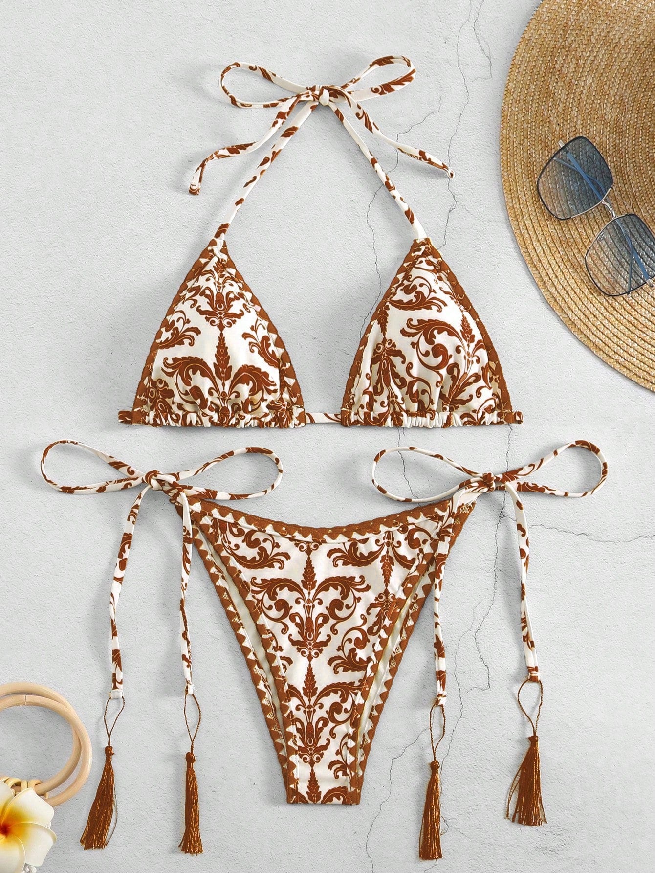 Swim Printed Halter Neck Bikini Two Piece Swimsuits Set, String Beach Outfit Bathing Suit Summer,Summer Beach