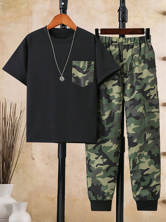 Tween Boys' Camouflage Cargo Long Pants And Patch Pocket Top 2pcs/Set