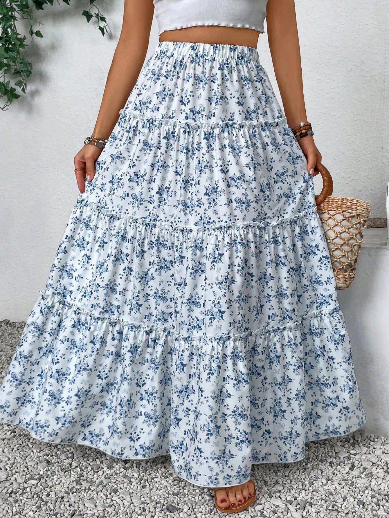 Plus Size Vacation Leisure Small Ditsy Floral Long Skirt