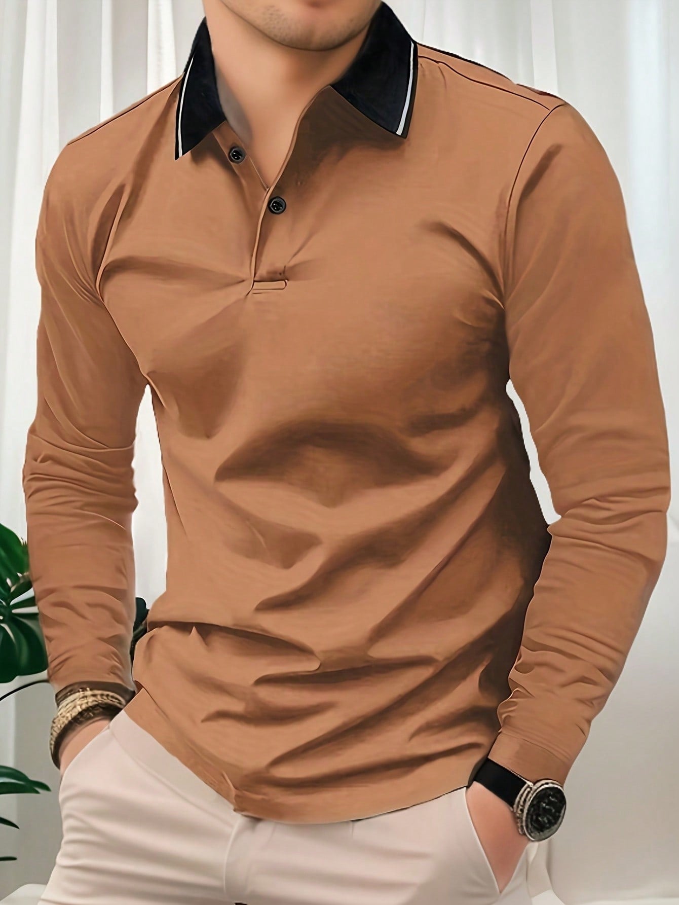 Spring And Autumn Turn-Down Collar Men Long Sleeve Polo Shirt Net Color Solid Color Casual Sports Clothes Men Tops