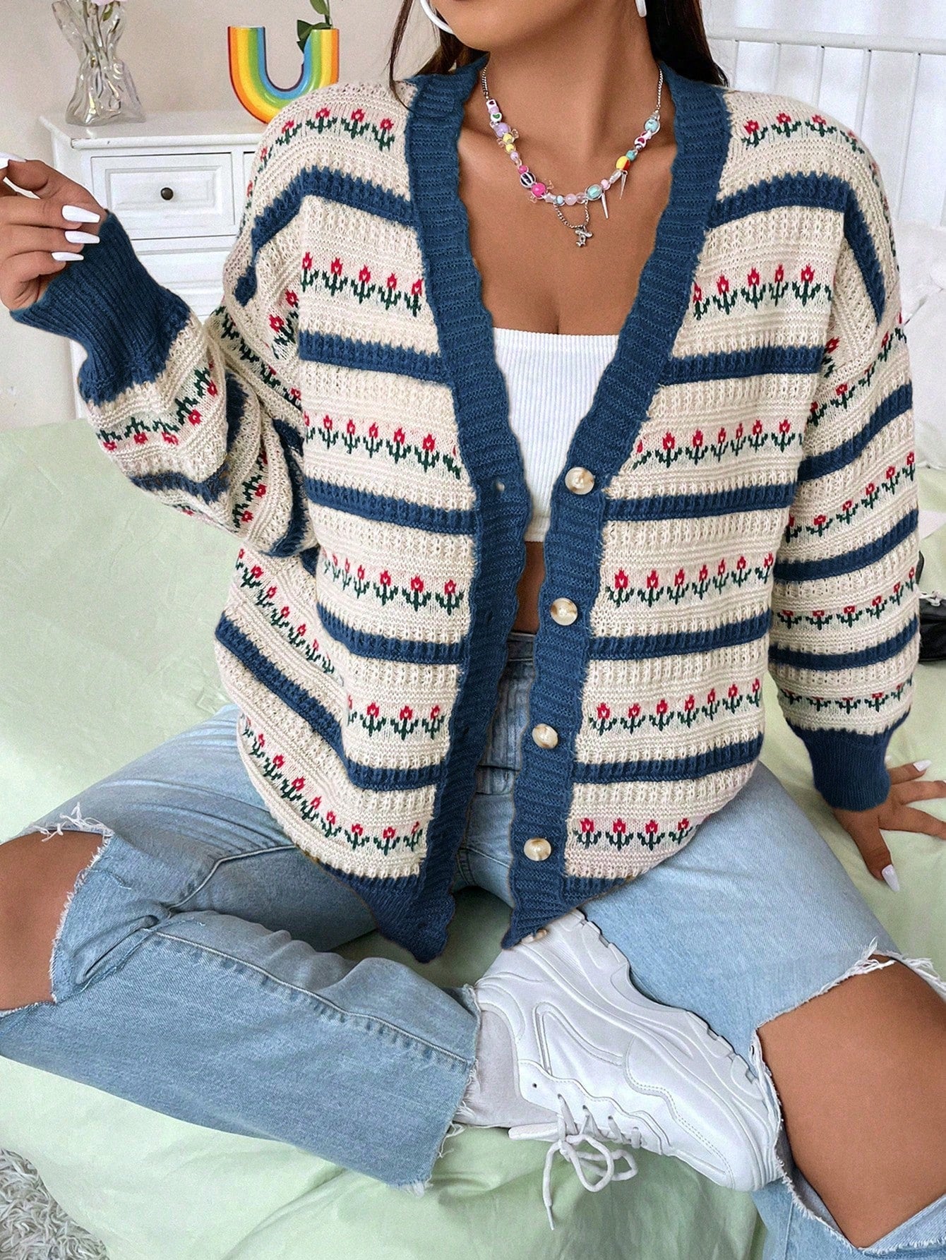 Plus Floral Pattern Drop Shoulder Cardigan