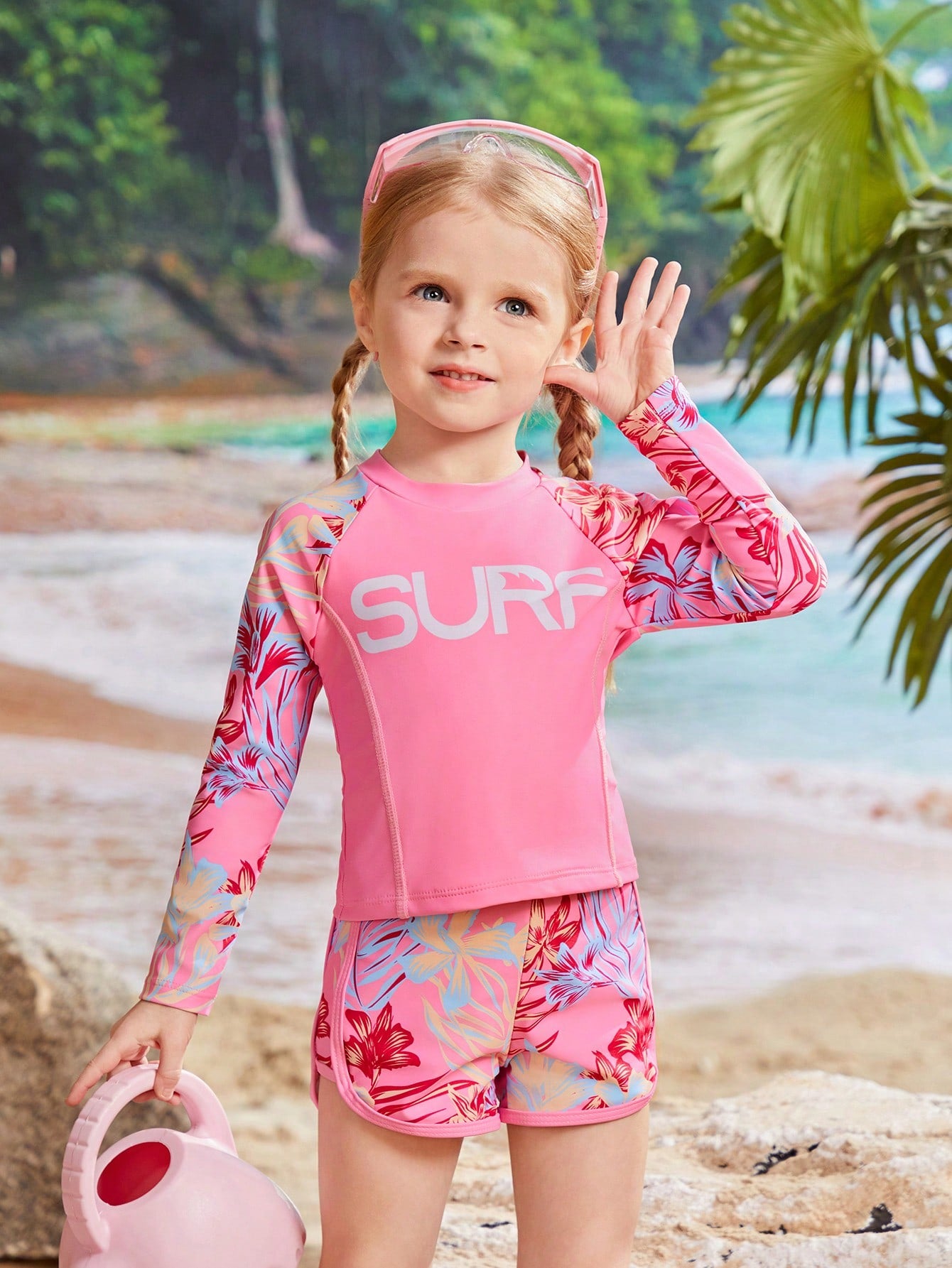 Young Girl Plant Printed Swimsuit Set Summer Swimming,Beach Long Sleeve Tankini Top And Shorts