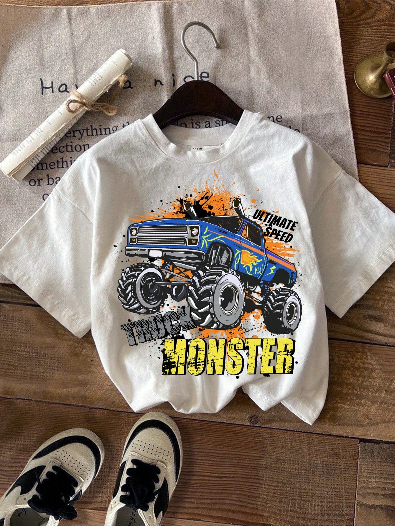 Fire Monster Track & Young Boy Casual Simple Cartoon Car Pattern Short Sleeve T-Shirt, Suitable For Summer