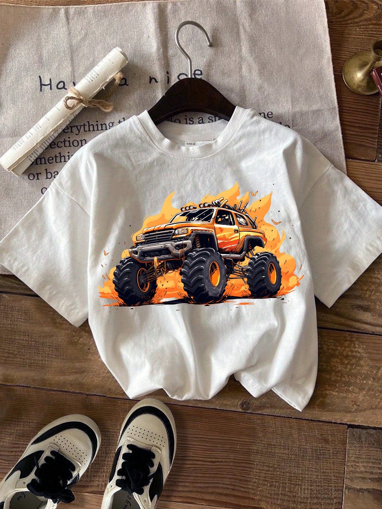 Fire Monster Track & Young Boy Casual Simple Cartoon Car Pattern Short Sleeve T-Shirt, Suitable For Summer