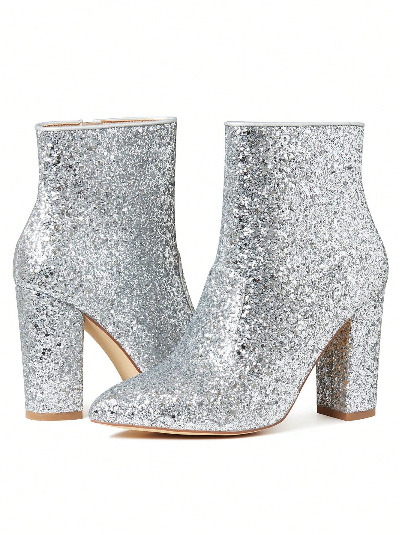 Women's Sequins Glitter Chunky Heel Ankle Boots Sparkly Booties Zipper Block Heeled Wedding Party Dress Shoes