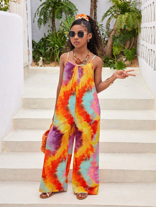 Tween Girl Everyday Casual Knitted Tie Dye Cami Straight Loose Fit Dress For Spring/Summer