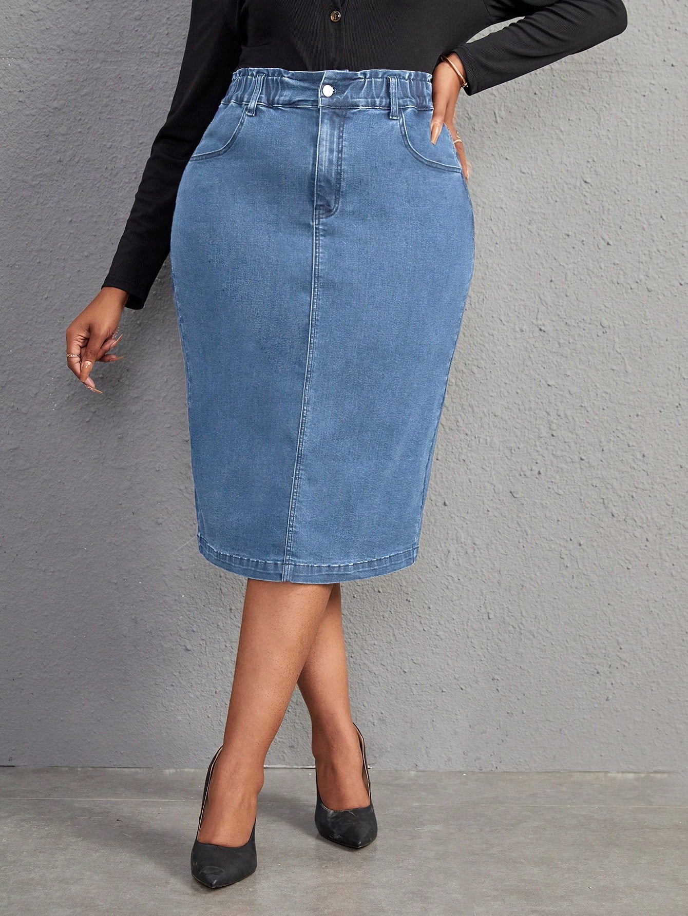 Plus Size Women's Denim Over-The-Knee Pencil Skirt