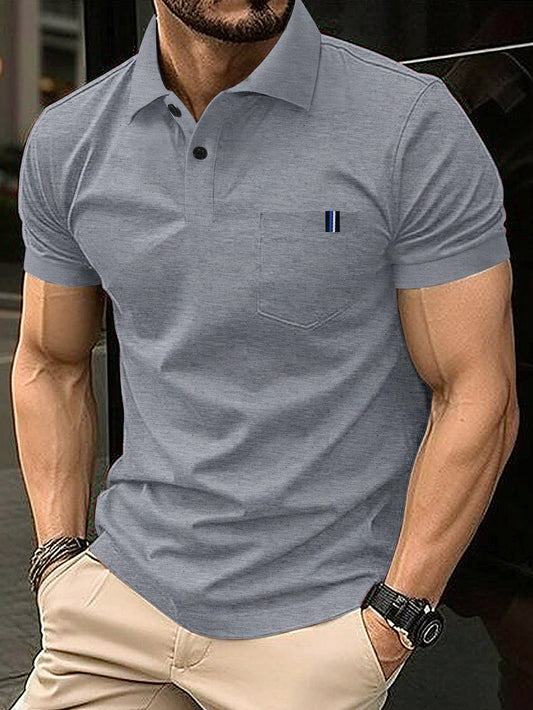 Men's Solid Color Polo Shirt With Pocket And Short Sleeve