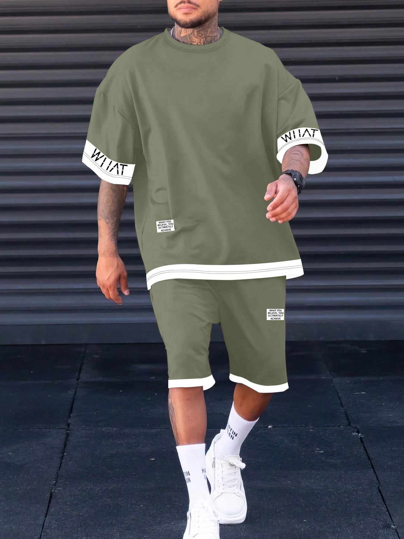 Men Plus Letter Graphic Drop Shoulder Tee & Shorts