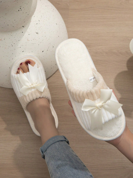 Fashionable Women Home Slippers With Bow-Tie Design, Open Toe And Couple Style, Lightweight And Silent For Indoor Use