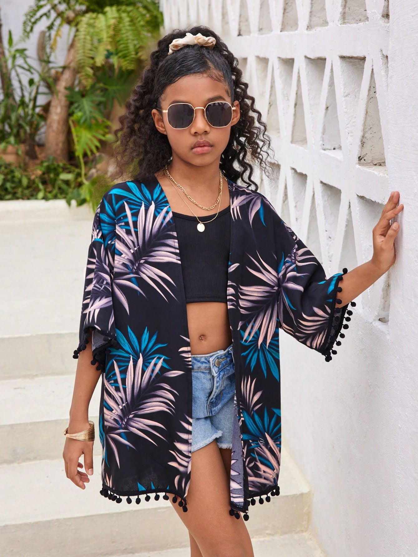 Tween Girl Holiday Casual Spring/Summer Tropical Plant Printed Fringe Kimono Dress