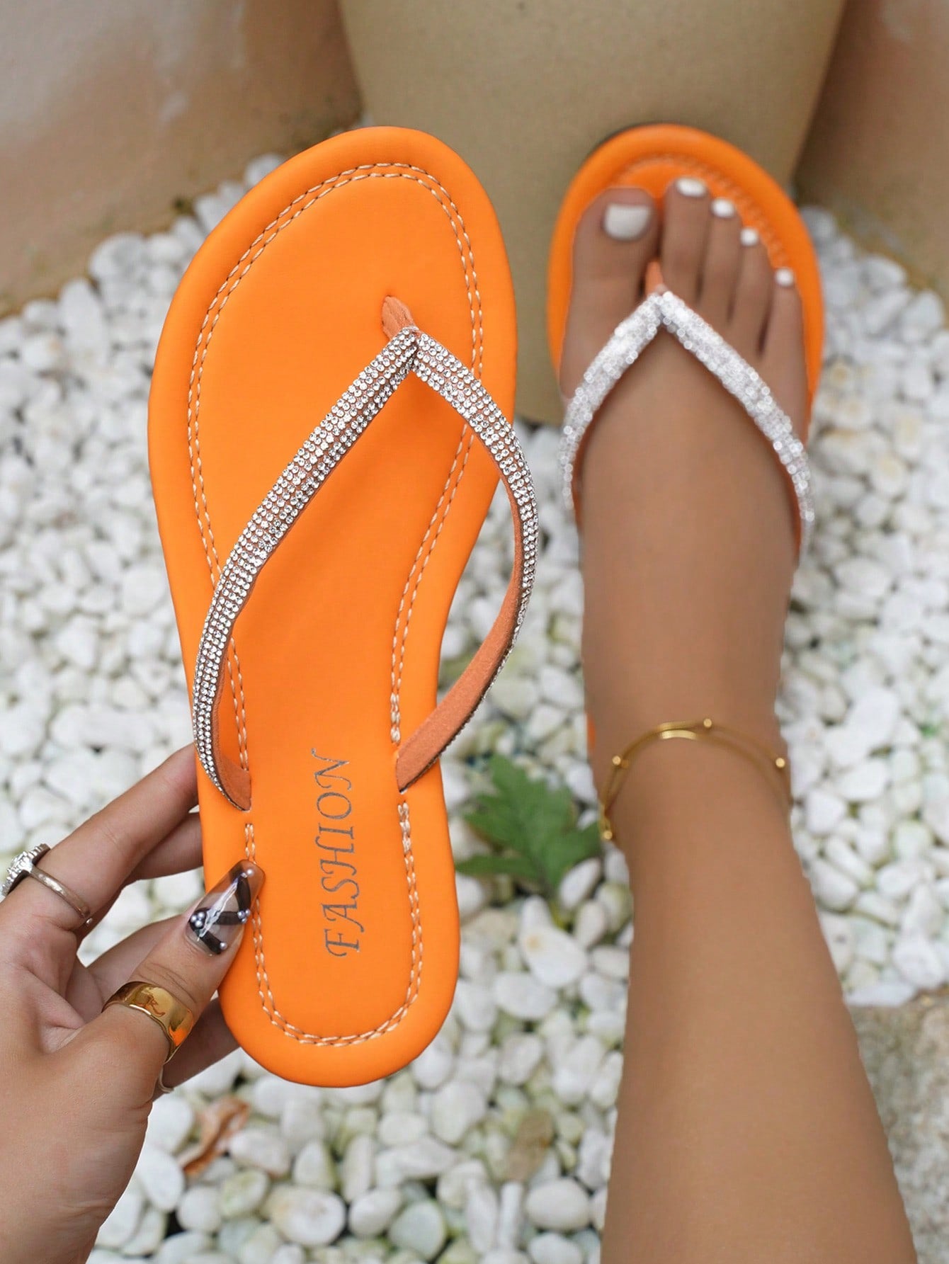 Women Metallic Rhinestone Decor Flat Sandals, Glamorous Summer Thong Sandals