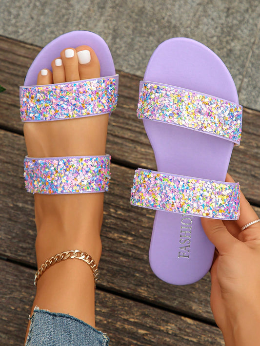 Extra Large Size Us 35-43 European Style Light Purple Color Beaded Casual Flat Sandals For Women, Soft Bottom Anti-Slip Slippers With Diamond Decor, Perfect For Daily Wear And Beach Holidays