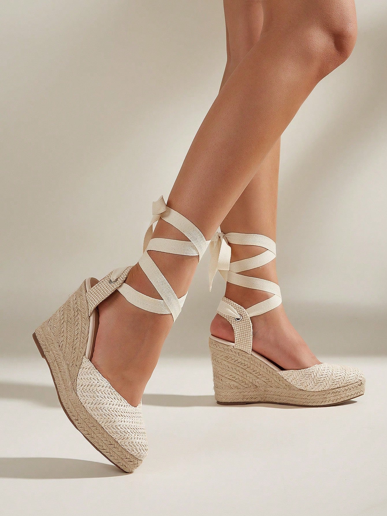 Women's Beige Woven Face & Lace-Up Espadrilles Wedges With Thick Heel & Jute Sole